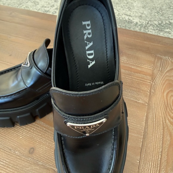 Prada Black Leather Lug-Sole Monolith Loafers with Logo Plaque - Picture 5 of 8